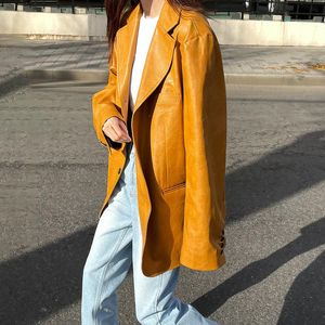 Women's Leather & Faux Women Autumn Yellow Jacket Coat Single Breasted Loose Outerwear Neutral StyleWomen's