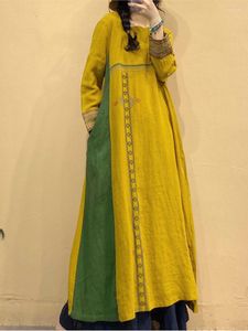 Casual Kleider Nationale Frauen Kleid Stickerei 2023 Sommer Herbst Baumwolle Leinen Langarm Kontrast Farbe Vintage Robe Weibliche