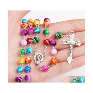 Collane con ciondolo Religioso Cattolico Arcobaleno Rosario Lungo Gesù Croce 8Mm Catene di perline Per Donna Uomo S Moda Gioielli Cristiani Goccia Otakq