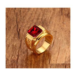 Cluster Rings Square Red Stone Hiphop Men Ring In Golden Stainless Steel Engrave Dragon Mens Jewelry Drop Delivery Dhu47