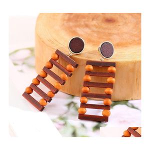 Dangle Chandelier Trendy Geometric Square Long Handmade Wooden Drop Earrings For Women Vintage Brown Wood Statement Earring Korean Dhako