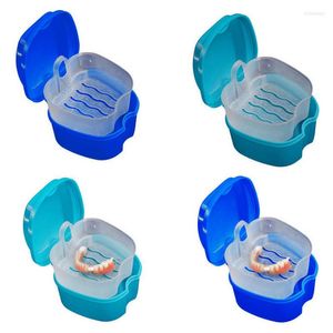 Förvaringslådor Denture Bath Box Organizer Dental Tänder med hängande Net Container Cleaning Cases Artificial Tooth