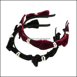 Bandas da cabeça Veet Ribbon Hair Hoop Bow Nó imitação de pérola decoração de folha de cabeça para meninas Kawaii Acessórios Drop Drop Otnbe