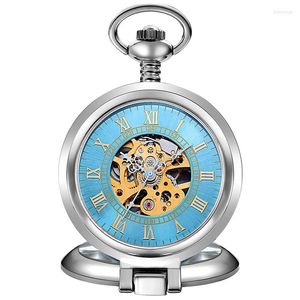 Orologi da taschino Luxury Sliver Orologio meccanico blu per uomo Donna Steampunk Skeleton Hollow Fob Chain Pendant Oro dorato Montre De Poche