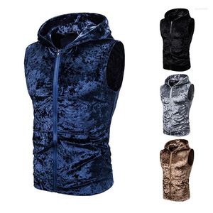 Men's Tank Tops Style Personality Bright Velvet Hooded Pocket Vest Business Casual Club Slim Jacket European And American Sizes XXL