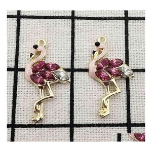 Charms 10pcs kristal flamingo cazibe mücevher aksesuarları küpe kolye bilezik kolye çinko alaşım diy bulma 15x30mm damla dh6mb