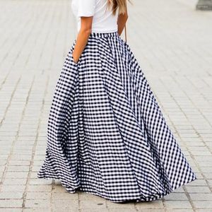 Skirts Vintage Bohemian Women Skirt Plaid Pockets Summer High Waist Pleats A-Line Slim Draped Maxi Elegant Beach Long