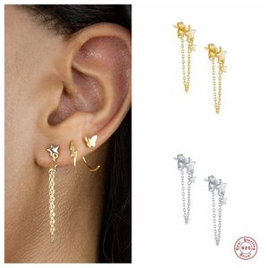 Brincos de garanhão assessor 925 Sterling Silver Gold Long Chain Tassel Ear fofo Ear para mulheres Jóias de jóias Oorbellen