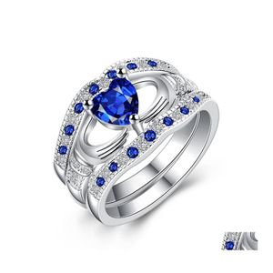 Solitaire ring lüks üç katman safir yüzük setleri 925 sterling sterling sier mavi kristal rhinestone elmas kalp düğün kadınlar için fas otact