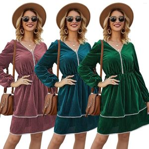 Casual Dresses Autumn Winter Dress Women Vintage V Neck Long Sleeve Lace Patchwork Velvet Elegant Elastic Waist A-Line Party Female