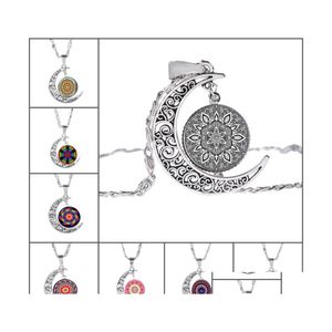 Anhänger Halsketten Mode Indische Mandala Blume des Lebens Hohl Geschnitzte Halbmond Cabochons Glas Mondstein Halskette Für Frauen Dro Otkg5