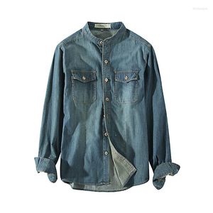 Camicie casual da uomo Qualità doppia tasca retrò uomo slim fit abbottonatura camicia a maniche lunghe da uomo in cotone denim vestito con colletto alla coreana