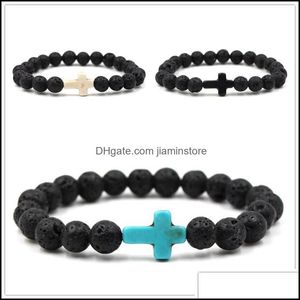Beaded 9Colors Natural Black Lava Stone Beads Elastic Cross Bracelet Essential Oil Diffuser Volcanic Rock Drop Delivery Jewelry Brace Otjhd