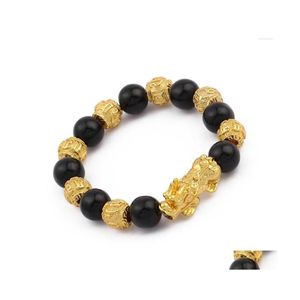 Beaded Strand Natural Obsidian Pixiu Animal Armband Buddhist Prayer Brave Troops Black Stone Drop Leverans smycken Armband Dhade