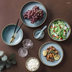 ゴールデンリム食器家とプレートのボウルズマット - ノルディックディナー日本語スタイルセット