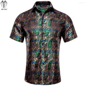 Men's Casual Shirts Hi-Tie Short Sleeves Green Multi Mens Social Jacquard Silk Floral Spring Summer Hawaiian Shirt For Male Wedding Business