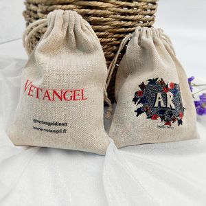 Jewelry Pouches 50 100pcs Custom Print Coloful Logo Linen Cotton Drawstring Bag Makeup Package Jute Gift Travel Storage Bags