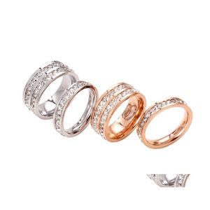 Couple Rings Simple Rose Gold Titanium Steel Ring For Woman Fashion Single Row Zircon Finger Jewelry Girls Temperament Drop Delivery Otqhz
