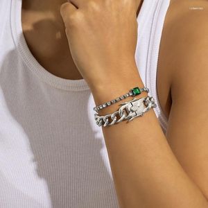 Armreif Silberschmuck für Teenager-Mädchen Retro Punk Dicke Kette Snap-Armband-Set Persönlichkeit Grünes Glas Voller Diamant-ArmbandBangle Lars22 Faw