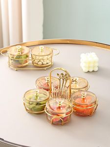 Plates Nordic Glass Snack Plate With Lid Metal Bracket Living Room Decoration Tray Household Light Luxury Melon Seed Storage Jar