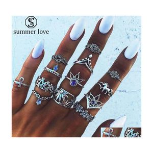 Bandringe Ankunft 13 teile / satz Crown Lotus Blume Waterdrop Kristall Ring Set Für Frauen Vintage Silber Gold Knuckle Modeschmuck Drop D DHDNW