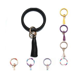 Key Rings Ring Bracelets Women Wristlet Keychain Bangle Car Round Keyrings Wrist Circle Leather Tassel Bracelet Keychains Q28Fz Drop Dhgqn