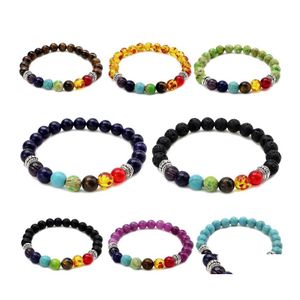 Perlenstränge 7 Chakra Charm Yoga Perlen Armbänder für Frauen Herren Lava Rock Tigerauge Bernstein Türkis Amethyst Lapis Lazi Natur S Otjzp