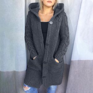 Women's Knits Winter Fashion Long Sweater Women Cardigan Solid Color Knitted Hooded Sweaters Korean Style Thick Open Front Overcoat