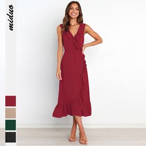 Damen-Kleid mit V-Ausschnitt, Schößchen, gebundenes Seil, ärmelloser Rock, elegant und stilvoll