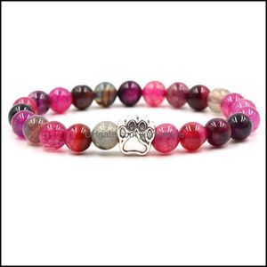 Bärade 8mm Colourf Natural Stone Beads Armband Dog Cat Footprint Paw Charms Armband Pet Lover Strench SMELLEDLEVERING OTCWX