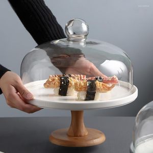 プレートセラミック木製ボトムハイフットケーキプレートガラスカバートレイトレイヨーロッパのフルーツ付きスタンドデザートテーブル