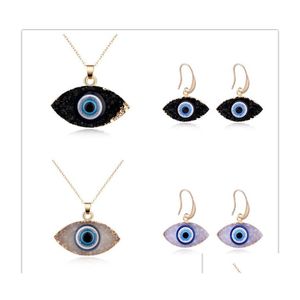 Sanat ve El Sanatları Moda Charm Luck Türkiye Mavi Kötü Küpe Kolye Druzy Drusy Reçine Taş Kolye Jewelry Kadınlar İçin Set DHZ1Q