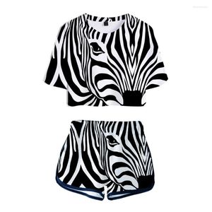 Kadın Tişörtleri İki Parçalı Set Şort Bayanlar Seksi Göbek Gömlek Moda Tasarım T-Shirt 3D Baskı Zebra Doku Sokak Giyim Kalitesi