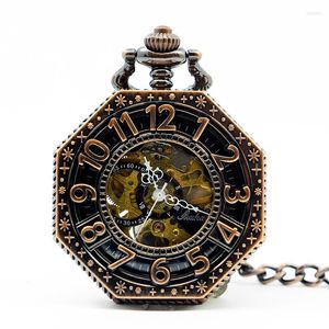 Pocket Watches Antique Octagon Numbers Hand Winding Skeleton Mechanical Watch with Fob Chain for Men Women