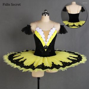 Bühnenkleidung Gelb Plissee Tüll Schwarz Samt Mieder Pfannkuchen Ballett Tutu Kleid Frauen Ballerina Tanz Performance Professionelle Kostüme