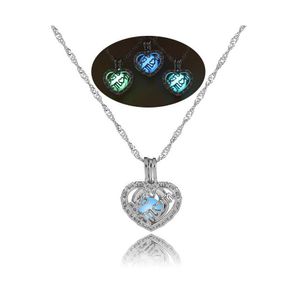 Pendant Necklaces Luxury Luminous Mom Heart Open Glow In The Dark Beads Cage Locket Charm Sier Chains For Women Ladies Mothers Day J Otyc5