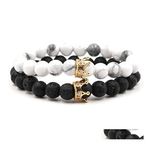 Perlenstränge Mosaik CZ Krone Naturstein Armband Set Ätherisches Öl Diffusor Lavagestein Weiß Türkis Perlen Armreif Für Frauen Otzih