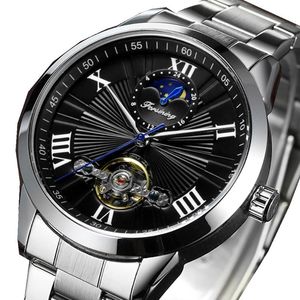 Wristwatches Forsining Men Classic Men Tourbillon Mechanical Watch Fashion Massion Black Moonphase Business Steel Band Automatic Clock Reloj Hombr