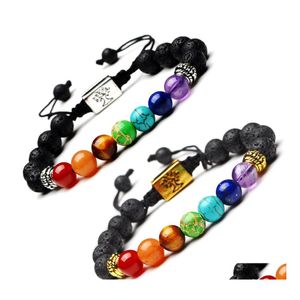 Beaded Strands Square Tree Of Life Charm Lava Rock Beaded Bracelets Women 7 Chakra Essential Oil Diffuser Stone Bangle For Men Arom Otod6