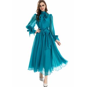Women's Runway Dresses Lace Up Collar Long Sleeves Elegant High Street Dress with Sashes Vestidos