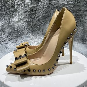 Nude Matte Rivets Women Bowtie Shoes Luxury Red Bottom Sexy Pointy Toe High Heel Shoes with Sipkes Bow Slip On Stiletto Pumps for Party Show 8cm 10cm 12cm