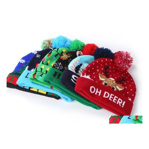 Beanie/Kafatası Kapakları Noel Kadınlar Çocuklar Örgü Şapka Yün Top Beanies Kapak Led Light Lady Çocuklar Örme Sıcak Beanie Hats Teslimat Dhlo3