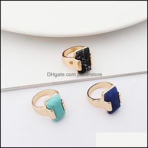 Solitaire Ring New Styles Gold Plated Rec Natural Stone Geometry Black Turquoise For Women Jewelry Drop Delivery Otm4H