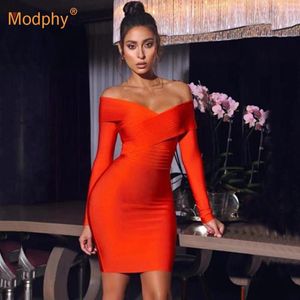 Casual Dresses 2023 Spring Autumn Orange Fashion Bandage Dress Sexig stropplös långärmad Bodycon Club Evening Party Vestidos