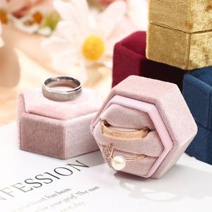 Jewelry Pouches Bags Hexagon Shape Velvet Box Double Ring Storage Woman Gift Earrings Package Case Wedding Display BoxJewelry Lois22