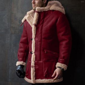 Мужские куртки мужчины с капюшоном зимней кнопкой кнопкой пальто отвороты с длинным рукавом кожаная куртка винтажная загустка овчина