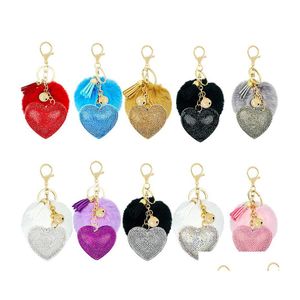 Ключевые кольца Colorf Poms Heart Love Keyring Pendant Fluffy Ball Fauxe Fur Keyfobs Cartoon Santa Claus Crystal Charecains Jewelry Derli Dhidx