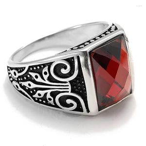 Cluster Rings Square Red Stone Ring For Men Vintage Silver Color Engraved Flower Jewelry Wholesale