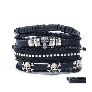 Beaded Strands Vintage Gothic Punk Skl Metal Mtilayer Leather Beaded Bracelet Men Charm Bracelets Arm Jewelry Drop Delivery Oti3W