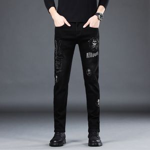 Men's Black Pants New Style Slim Fitting Printed Hot Diamond Jeans Four Seasons Stretch Soft Fabric Male Casual Pencil Trousers Clothing